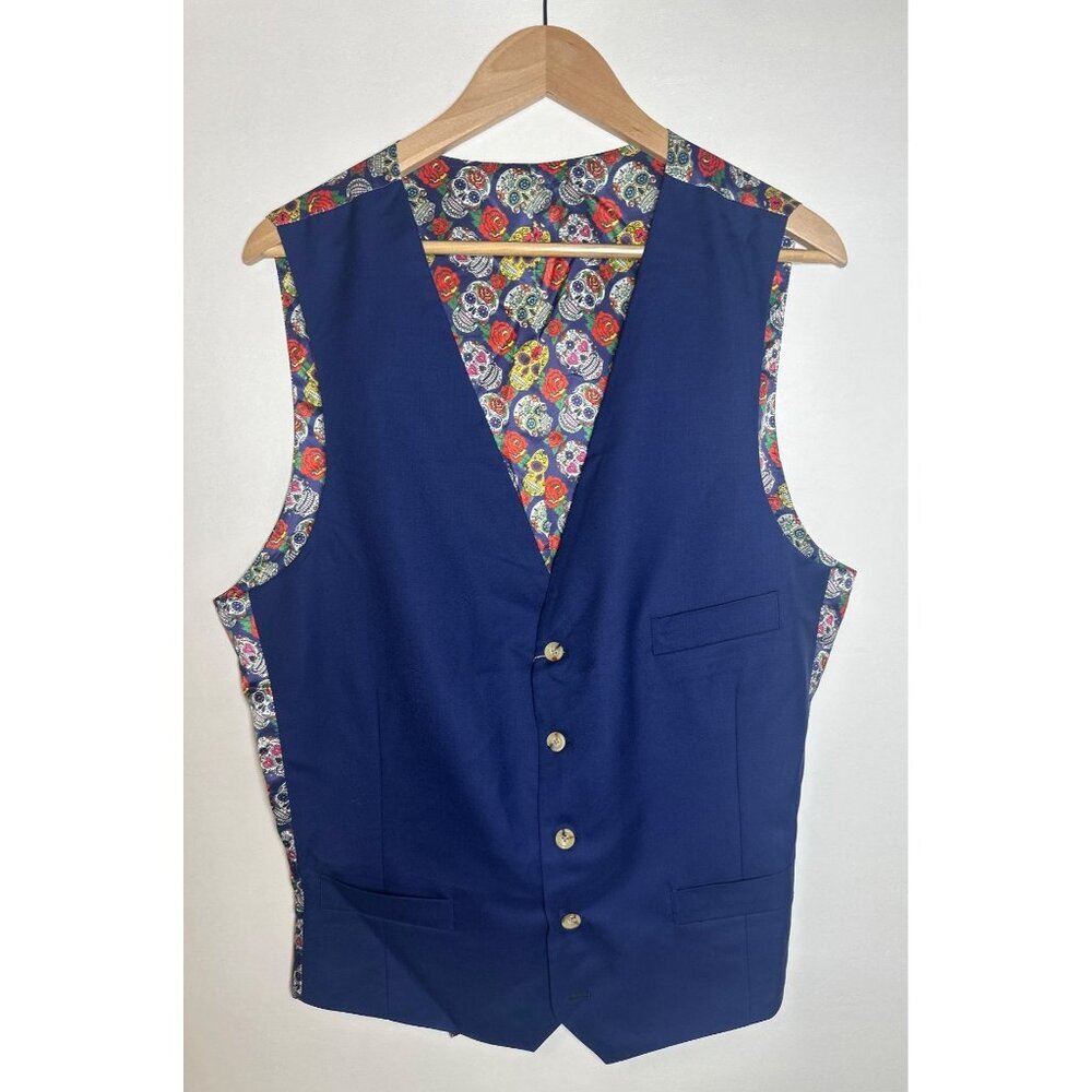 NWT Indochino Sugar Skull Navy Blue Wool Vest With Unique Lining,‎ 100% wool